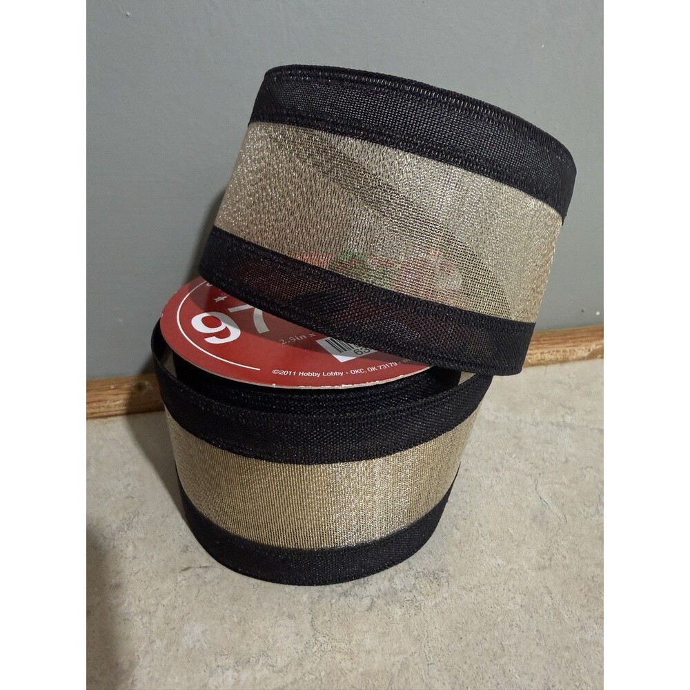 NEW 3 jumbo rolls wired edge ribbon 2.5" x 60” gold metallic sheer Black Lot 3 - Picture 3 of 6